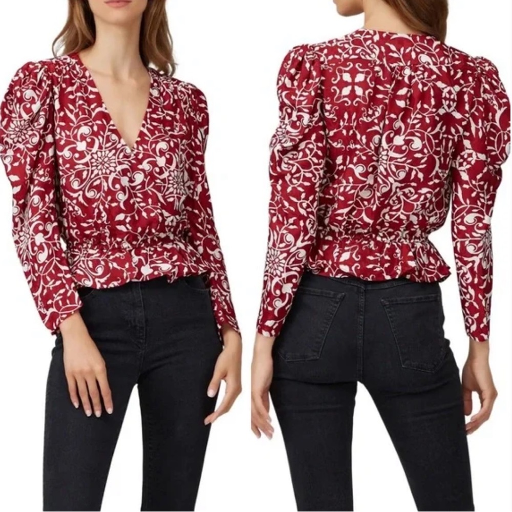 The Kooples Red and White Floral Print Puff-Sleeve Blouse - Picture 15 of 15